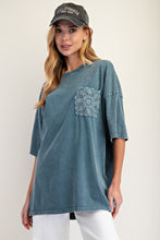 Load image into Gallery viewer, Easel OVERSIZED Mineral Washed Top with Crochet Pocket in Faded Teal