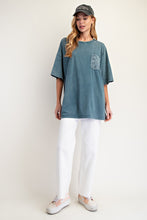 Load image into Gallery viewer, Easel OVERSIZED Mineral Washed Top with Crochet Pocket in Faded Teal