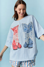 Load image into Gallery viewer, Peach Love OVERSIZED TOP with Graphic Print Boot and Lace Bow in Light Blue