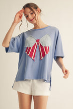 Load image into Gallery viewer, Jodifl OVERSIZED Knit Top with Vintage Flag Patched Bow Front in Blue