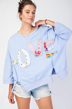 Load image into Gallery viewer, Easel OVERSIZED Top with Mixed Print LOVE Letter Patch Front in Peri Blue