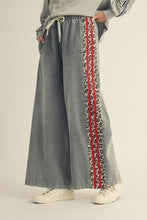 Load image into Gallery viewer, Jodifl Denim Wide Leg Pants with Leopard Side Stripes in Red/Denim