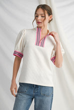 Load image into Gallery viewer, Jodifl Half Zip Textured Top with Contrasting Stripe Details in Ivory