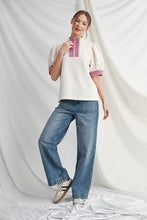 Load image into Gallery viewer, Jodifl Half Zip Textured Top with Contrasting Stripe Details in Ivory