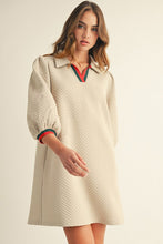 Load image into Gallery viewer, Jodifl Solid Color Textured Mini Dress with Contrasting Stripe Details in Beige