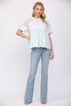 Load image into Gallery viewer, FATE Solid Color Mesh and Knit Top with Applique Details in Baby Blue