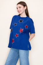 Load image into Gallery viewer, White Birch Solid Color Knit Top with Sequin and Rhinestone Stars in Royal Blue