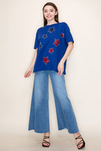 Load image into Gallery viewer, White Birch Solid Color Knit Top with Sequin and Rhinestone Stars in Royal Blue