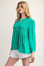 Load image into Gallery viewer, ee:some Solid Color Smocked Detail Button Down Top in Kelly Green