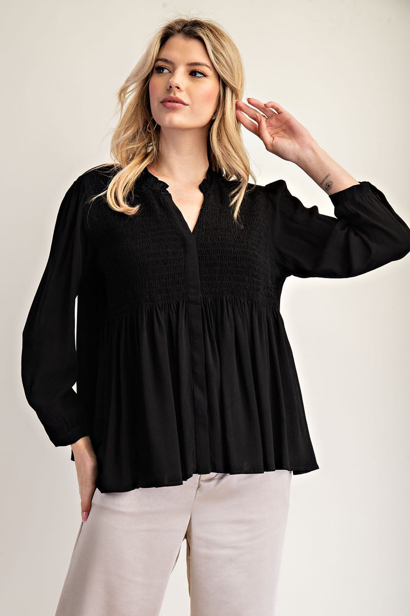 ee:some Solid Color Smocked Detail Button Down Top in Black – June