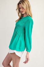 Load image into Gallery viewer, ee:some Solid Color Smocked Detail Button Down Top in Kelly Green