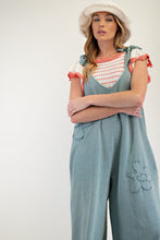 Load image into Gallery viewer, Easel Mineral Washed Terry Knit Flower Patch Jumpsuit in Dusty Blue