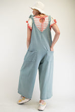 Load image into Gallery viewer, Easel Mineral Washed Terry Knit Flower Patch Jumpsuit in Dusty Blue