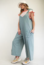 Load image into Gallery viewer, Easel Mineral Washed Terry Knit Flower Patch Jumpsuit in Dusty Blue