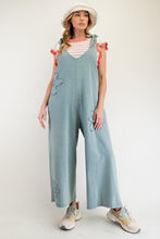 Load image into Gallery viewer, Easel Mineral Washed Terry Knit Flower Patch Jumpsuit in Dusty Blue