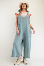 Load image into Gallery viewer, Easel Mineral Washed Terry Knit Flower Patch Jumpsuit in Dusty Blue