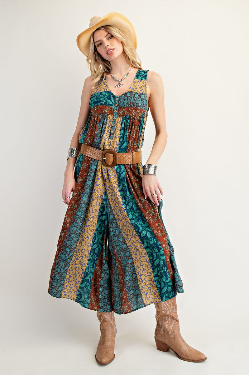 Easel Exclusive Mixed Floral Print Jumpsuit in Teal Brown – June Adel