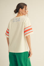 Load image into Gallery viewer, Jodifl Knit Top with Striped Sleeves and USA Patched Back in Off White