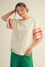 Load image into Gallery viewer, Jodifl Knit Top with Striped Sleeves and USA Patched Back in Off White