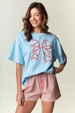 Load image into Gallery viewer, RARERAW OVERSIZED T-Shirt with Lace Baseball Print Bow Applique on Front in Sky Blue