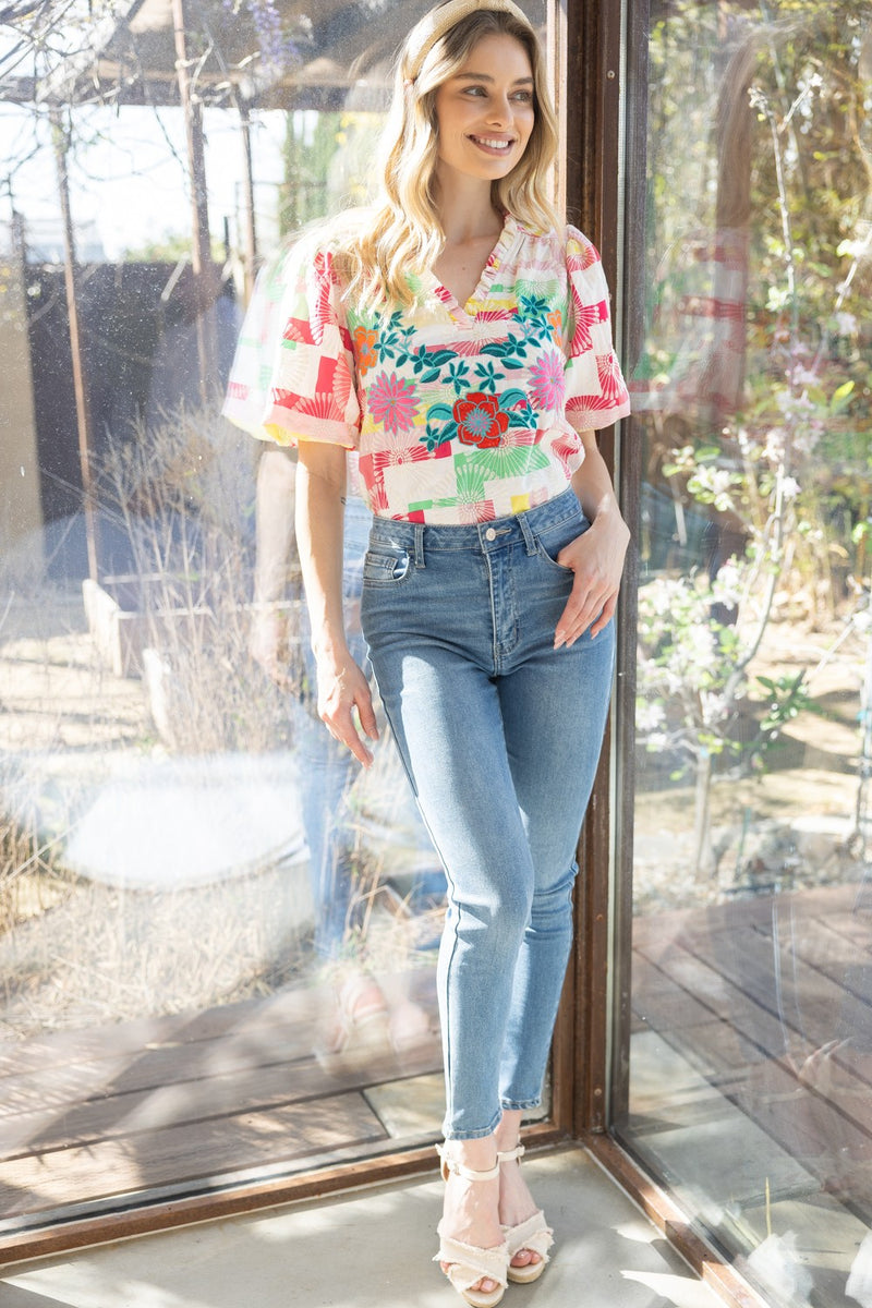 VOY Vibrant Multi Color Abstract Print Top with Floral Embroidery