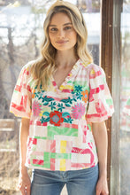 Load image into Gallery viewer, VOY Vibrant Multi Color Abstract Print Top with Floral Embroidery in Multi