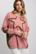 Load image into Gallery viewer, BlueVelvet Contrasting Striped Top with Leopard Print Star Patches in Pink