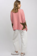 Load image into Gallery viewer, BlueVelvet Contrasting Striped Top with Leopard Print Star Patches in Pink