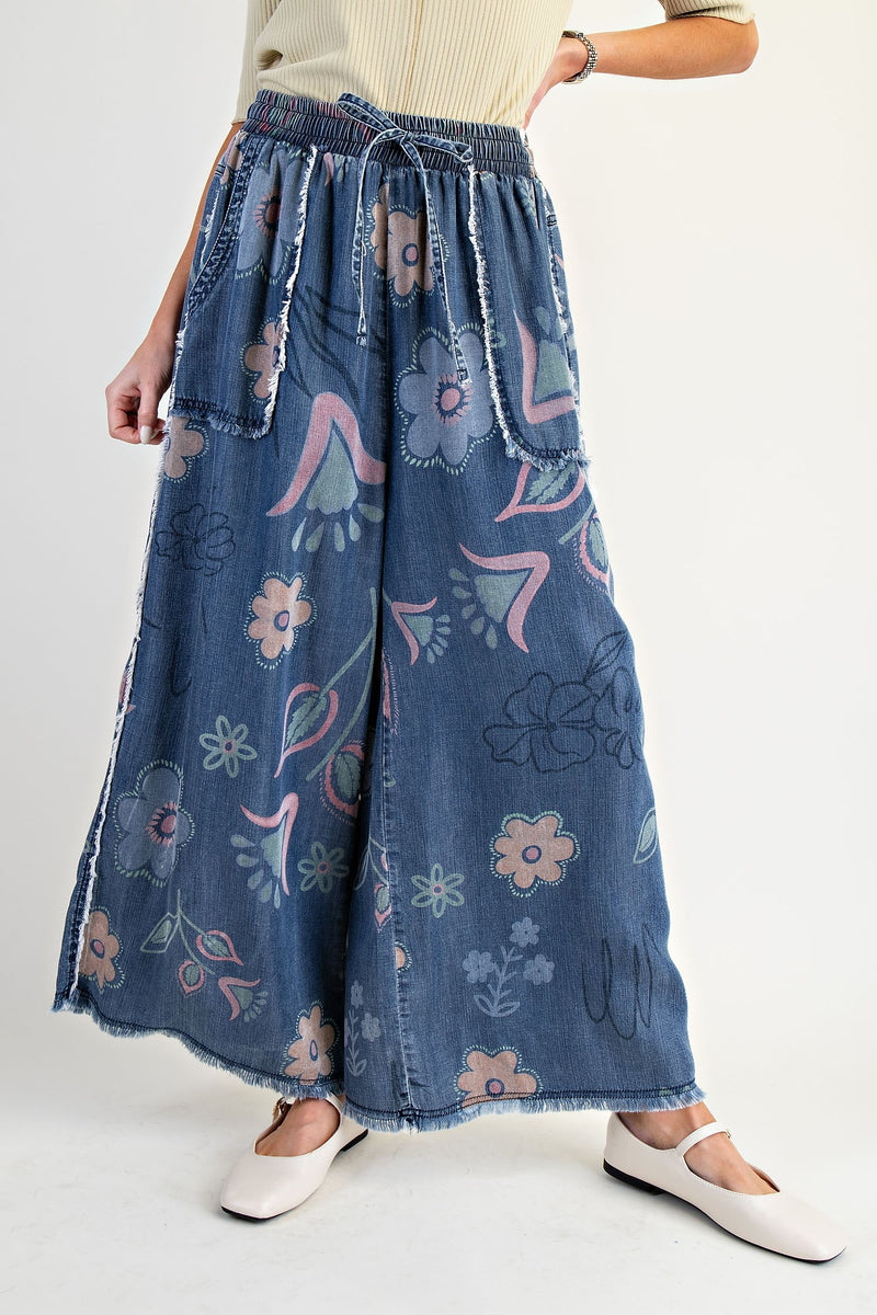Easel Washed Floral Print Chambray Pants in Washed Denim – June Adel