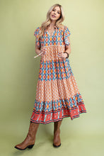 Load image into Gallery viewer, GiGio Mixed Print Tiered Midi Dress in Peach Mix