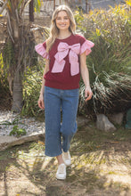 Load image into Gallery viewer, VOY Cable Knit Top with Striped Cuffs and Large Bow Front in Red