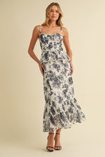 Load image into Gallery viewer, Klesis Floral Print Bustier Peplum Top Midi Dress in Black