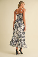 Load image into Gallery viewer, Klesis Floral Print Bustier Peplum Top Midi Dress in Black