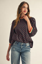 Load image into Gallery viewer, Jodifl Cherry Print Top with Multi Color Stripe Binding in Black