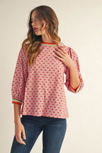 Load image into Gallery viewer, Jodifl Cherry Print Top with Multi Color Stripe Binding in Dusty Pink