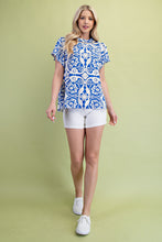 Load image into Gallery viewer, GiGio Two Toned Medallion Print Top in Royal Blue Mix