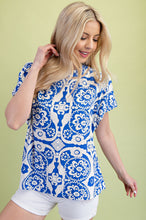 Load image into Gallery viewer, GiGio Two Toned Medallion Print Top in Royal Blue Mix