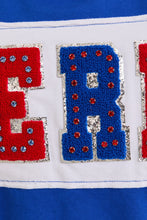 Load image into Gallery viewer, Le Lis OVERSIZED Semi CROPPED Top with Chenille and Rhinestone AMERICA Patches in Blue-White