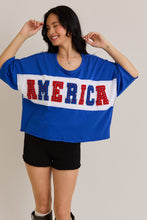 Load image into Gallery viewer, Le Lis OVERSIZED Semi CROPPED Top with Chenille and Rhinestone AMERICA Patches in Blue-White