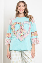 Load image into Gallery viewer, BlueVelvet Heart Peace Sign Patched Top in Turquoise Blue