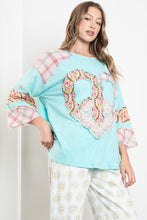 Load image into Gallery viewer, BlueVelvet Heart Peace Sign Patched Top in Turquoise Blue
