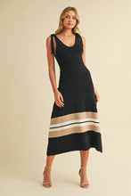 Load image into Gallery viewer, Klesis Textured Sweater Knit Midi Dress with Striped Hem in Black/Taupe