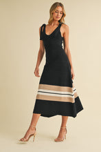 Load image into Gallery viewer, Klesis Textured Sweater Knit Midi Dress with Striped Hem in Black/Taupe