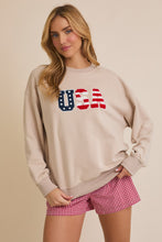 Load image into Gallery viewer, Gilli American Flag USA Chenille Patched Sweatshirt in Taupe