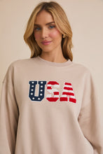Load image into Gallery viewer, Gilli American Flag USA Chenille Patched Sweatshirt in Taupe