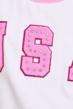 Load image into Gallery viewer, Le Lis Boxy Terry Knit Top with Chenille and Rhinestone USA Patches in White-Light Pink