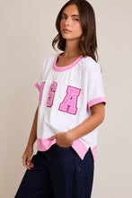 Load image into Gallery viewer, Le Lis Boxy Terry Knit Top with Chenille and Rhinestone USA Patches in White-Light Pink
