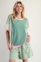 Load image into Gallery viewer, Easel OVERSIZED Terry Knit Color Block Top in Sage
