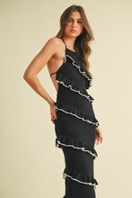 Load image into Gallery viewer, Klesis Sweater Knit Halter Midi Dress with Diagonal Frill Ruffles in Black/Off White