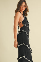 Load image into Gallery viewer, Klesis Sweater Knit Halter Midi Dress with Diagonal Frill Ruffles in Black/Off White